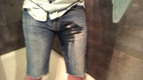 Gorgeous denim shorts pee desperation