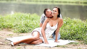 Hot alluring brunette babe Victoria Sweet is fucked doggy during picnic