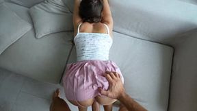 Petite brunette loses at UNO, sucks hubby's huge dong in roleplay