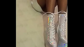 Total silver and fishnet pantyhoseI am wearing beautiful ankle boots with very high heels, silver, black fishnet pantyho ...