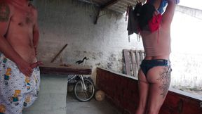 The maid came with short, tight denim shorts to tease me