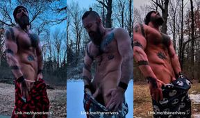 Thane Rivers' throbbing cock flexing in the woods raw