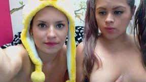 Pigtailed cute girl showed off her tits while her friend was posing nude