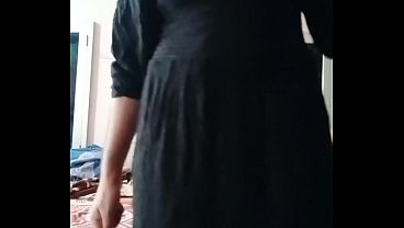 Indian Gay Crossdresser Gaurisissy showing and pressing her big boobs in black dress