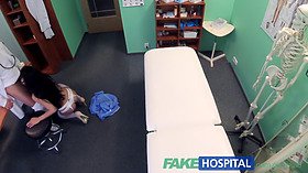 Eveline Dellai gets her shaved pussy filled with hot jizz after a wild doggystyle creampie from her fakehospital doctor