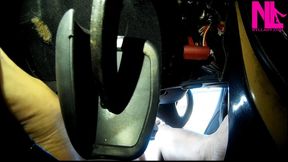 Sexy pedal pumping in grey patent pumps_undreneath pedals perspective