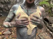 Tattooed and Pierced Woman gets Facefuck and gives Hardcore Blowjob at Outdoor Waterfall