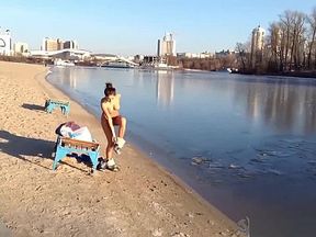Sexy Russian Babe Strips and runs into Icy River