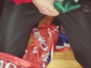 Cumming through Adidas track pants