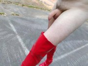 Naked walking around a parking lot in thigh high high heeled boots uncut cock cumshot
