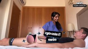Hot nurse Yasmina Khan gives Brady Bud a creampie in hospital - messy girl!
