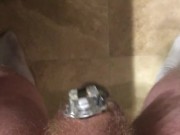 Locked and Plugged Chastity Boy Shows Cage and Butt Plug