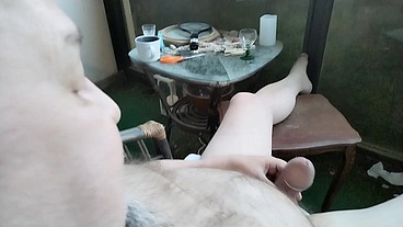 Finnish gay Homo Kotilainen jerking and cumming on his balcony in Kuopio.