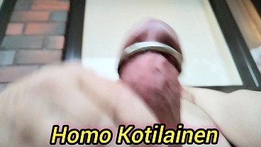 Finnish gay Homo Kotilainen jerking and cumming on his balcony in Kuopio.