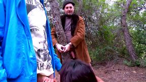 Threesome pussy fucking big dick sucking in the forest
