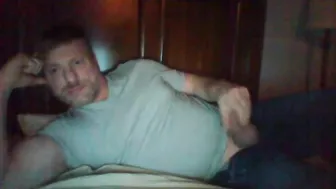 Muscular daddy jerks big cock through jeans zipper