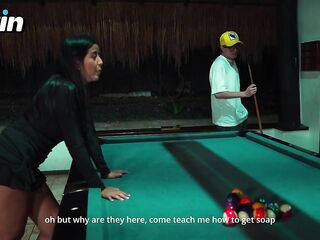 Colombian Mama bangs her stepson's nerdy male in the pool hall! Pipeboy1 & Lina Henao