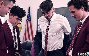 Four unruly students pressure mature teacher into rough gangbang