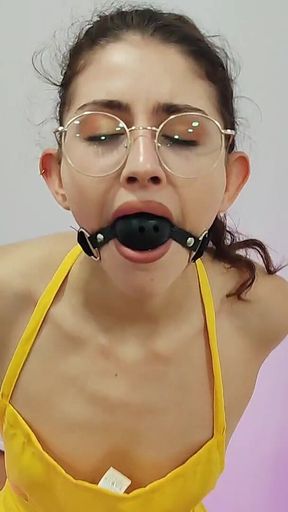 Stunning Brunette Sexy Apron Fetish Ballgagged Tape Bondage