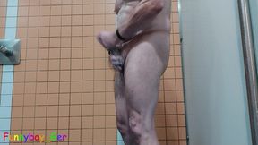 Jerking and big cumshot in a real public shower room #2