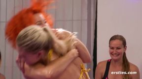Oil wrestling orgy with squirting german women