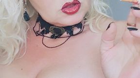 Close up thrilling seductive "tits jiggle" chain smoke with 2 Marlboro Red 100, once with and once filterless in a provocative red corset