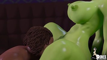 Insatiable alien female with big boobs is having sex with a black guy all the time
