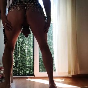 Cumshot on the Window in Lingerie and Heels