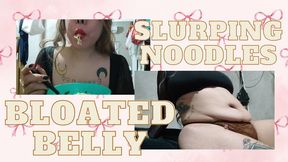 Slurping and chewing noodles with lipstick on and showing you my chubby bloated belly