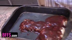 BFFS - The Best Valentines Day Gift Is Three Oiled Up Juicy Pussies Served Straight In The Kitchen