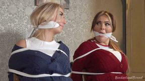 Charley & Brook in: Prolonged Jumbo Cloth Gag Stiflings for Extra-Bratty Warm-Up Chicks as Paranoid Burglar rips Through the House!! (with Bonus)