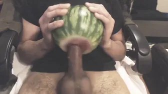 Asian Amateur Man Fucks Watermelon Sex Toy and Cums