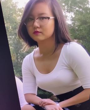 Chinese college girl with big tits shows off her glasses and sloppy side