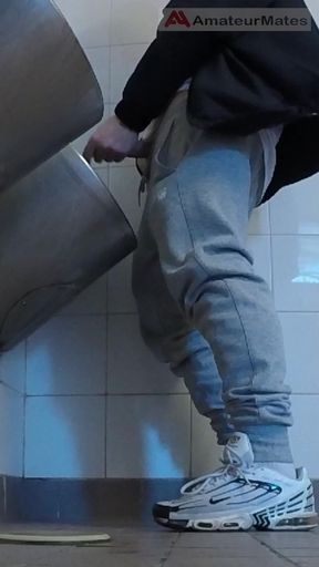 Amateur Boys in Sneakers Wank and Try Handjob in Public Toilets' Urinal