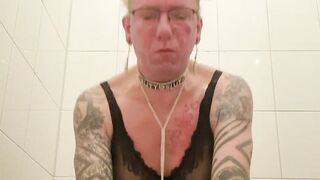 Sissy shoots a load in faux-cock