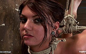 Hogtied brunette gets pussy fisted