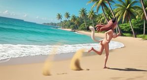 Two gorgeous voluptuous neko girls relaxing completely nude together on sunny tropical beach paradise