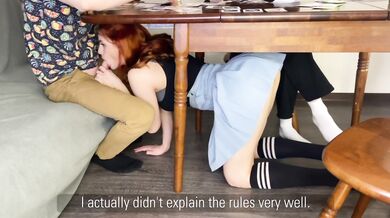 Unexpected redhead deep throat under table big tits surprise blowjob