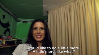Lustful girl shows off boobs and gives a blowjob for money