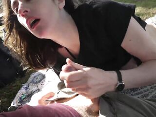How does a day at the park end up with a public oral pleasure? - Cute teen swallows cum