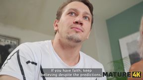 Malusha, a hot mature blonde, gets a young stud to bang her hard on the couch