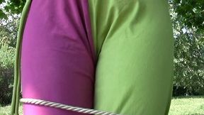 Wicked blonde Russian milf tied up to the tree pisses