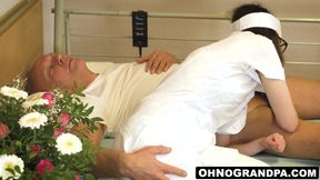 Teen nurse Sara Bell deepthroats and jacks off old man's thick cock