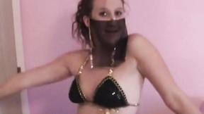 ”Sexy Brunette in persian clothes showing her snatch & natural tits”