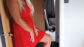 Nikkichick crushes a 1980's Dodge police car in big wedges with painted toe nails toy car crush full body view