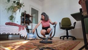 maid cleaning dirty carpet in tight pencil skirt and silk blouse aV