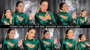 Green low cut top, red lips, ponytail and marlboro red!