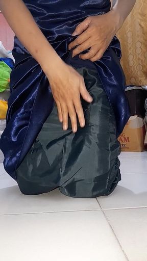 Asian Crossdresser Masturbate and Cum Inside Long Satin Blue Gown with Silky Lining