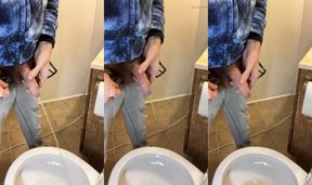 Side view of my very hairy big uncut dick pissing in the toilet