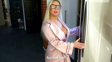 Blonde in black lace and glasses caught in rough bedroom session